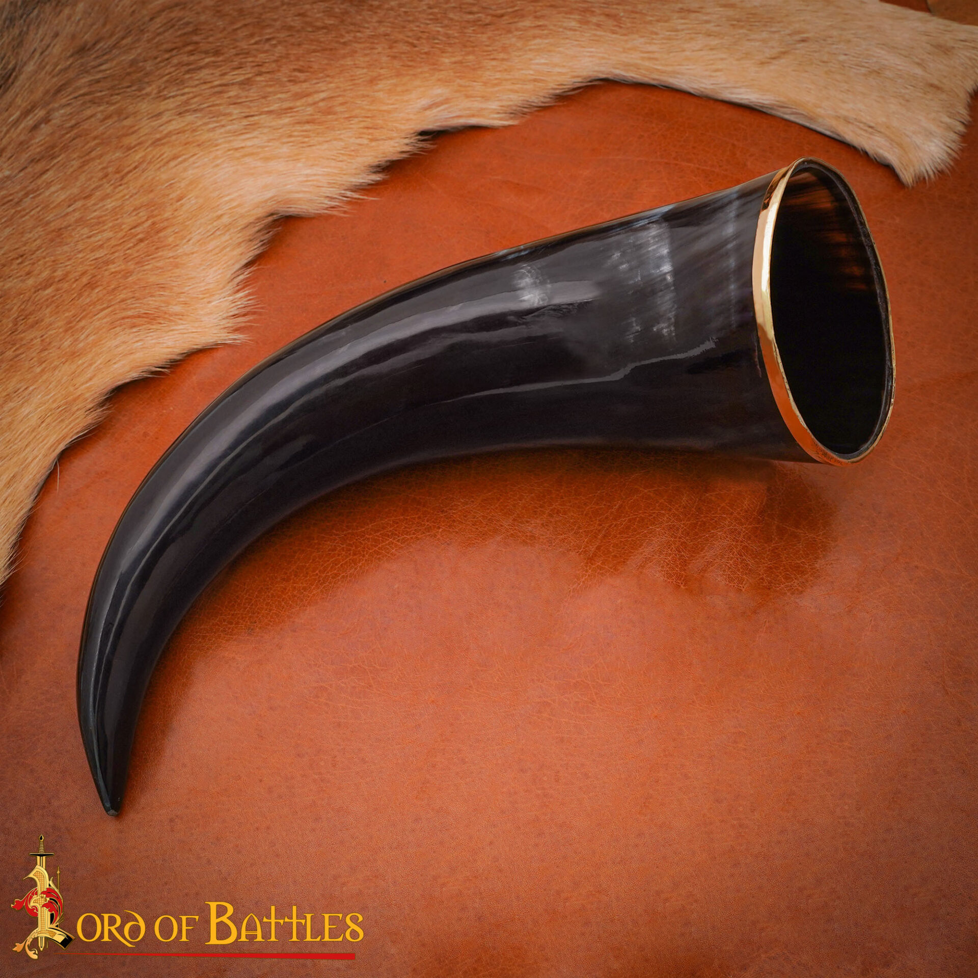 Polished Viking Drinking Horn with Brass Rim – Authentic Ox Horn Cup Medieval Viking Drinking Horn
