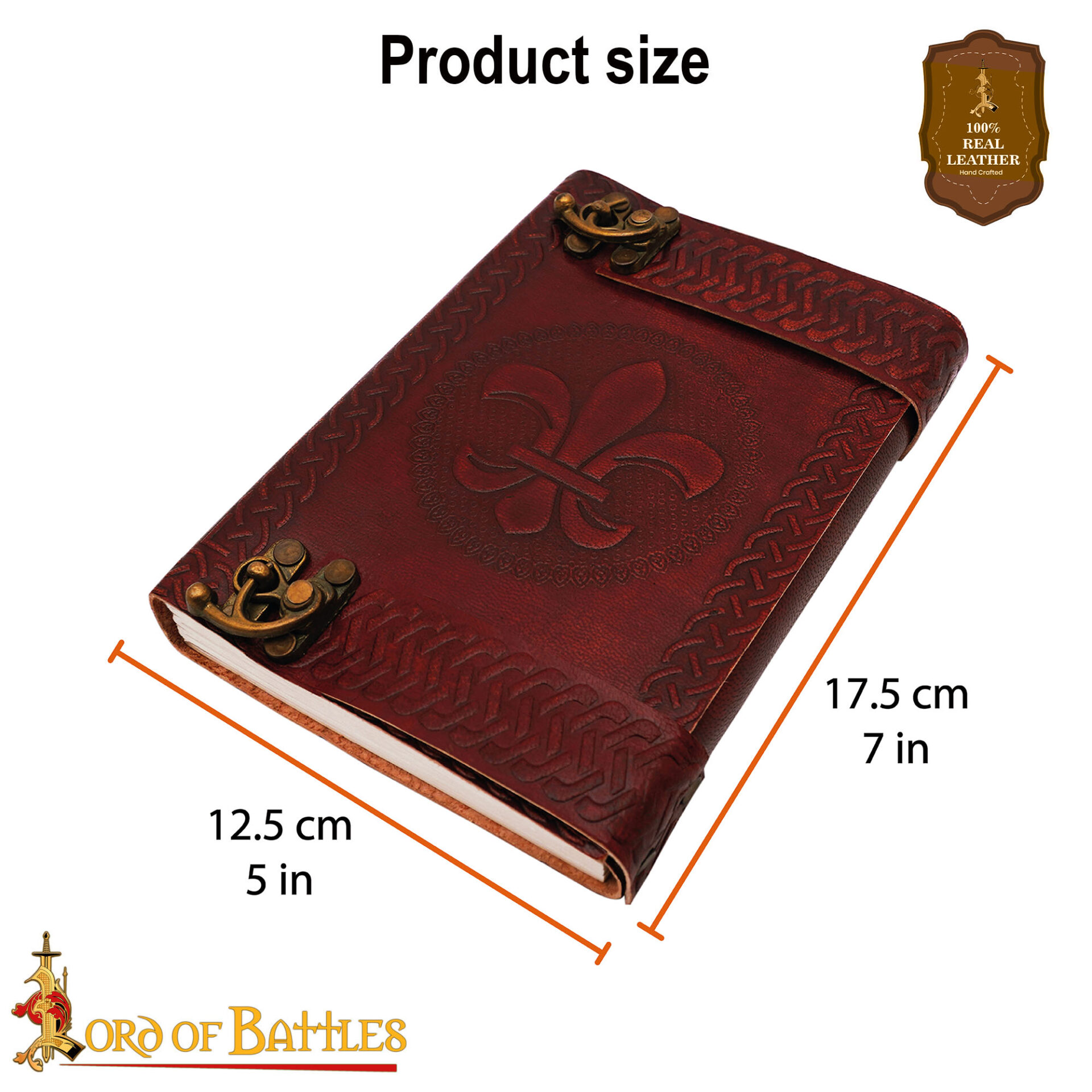 Handmade Leather Journal with Fleur-de-Lys Embossing with Brass Lock-8663BR-WL 2 Handmade Leather Journal