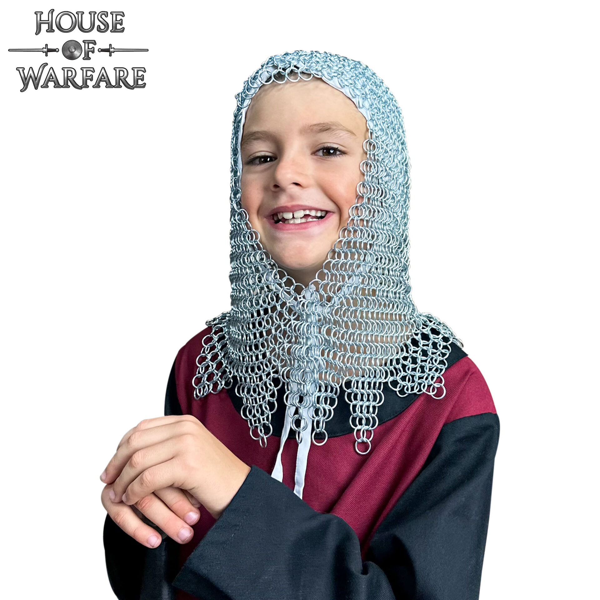 Kids Chainmail Coif V Face Butted Mail with Dagged Edges, 10mm 16 Gauge ZP Rings-700601-S 3 Chainmail Coif