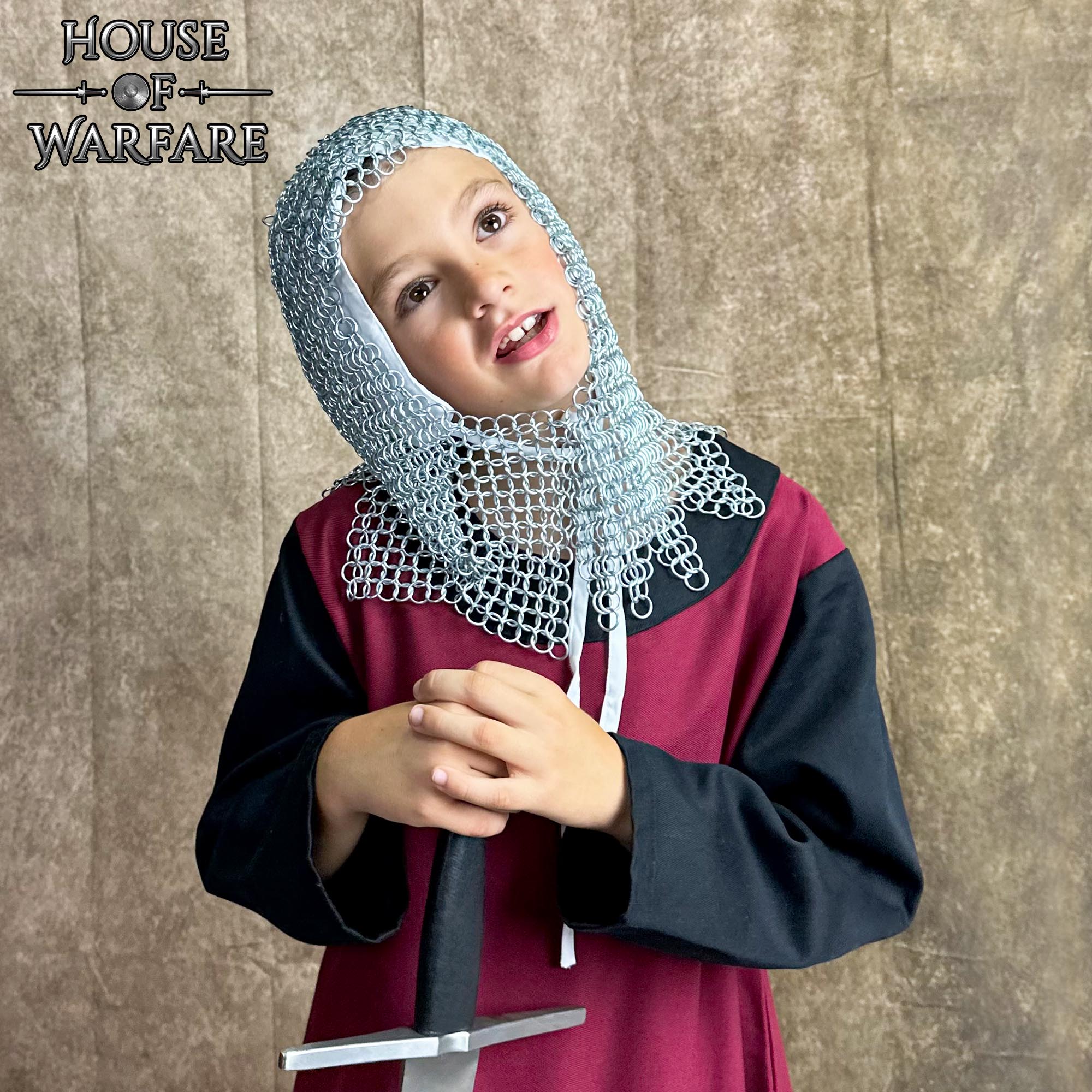 Kids Chainmail Coif V Face Butted Mail with Dagged Edges, 10mm 16 Gauge ZP Rings-700601-S 4 Chainmail Coif