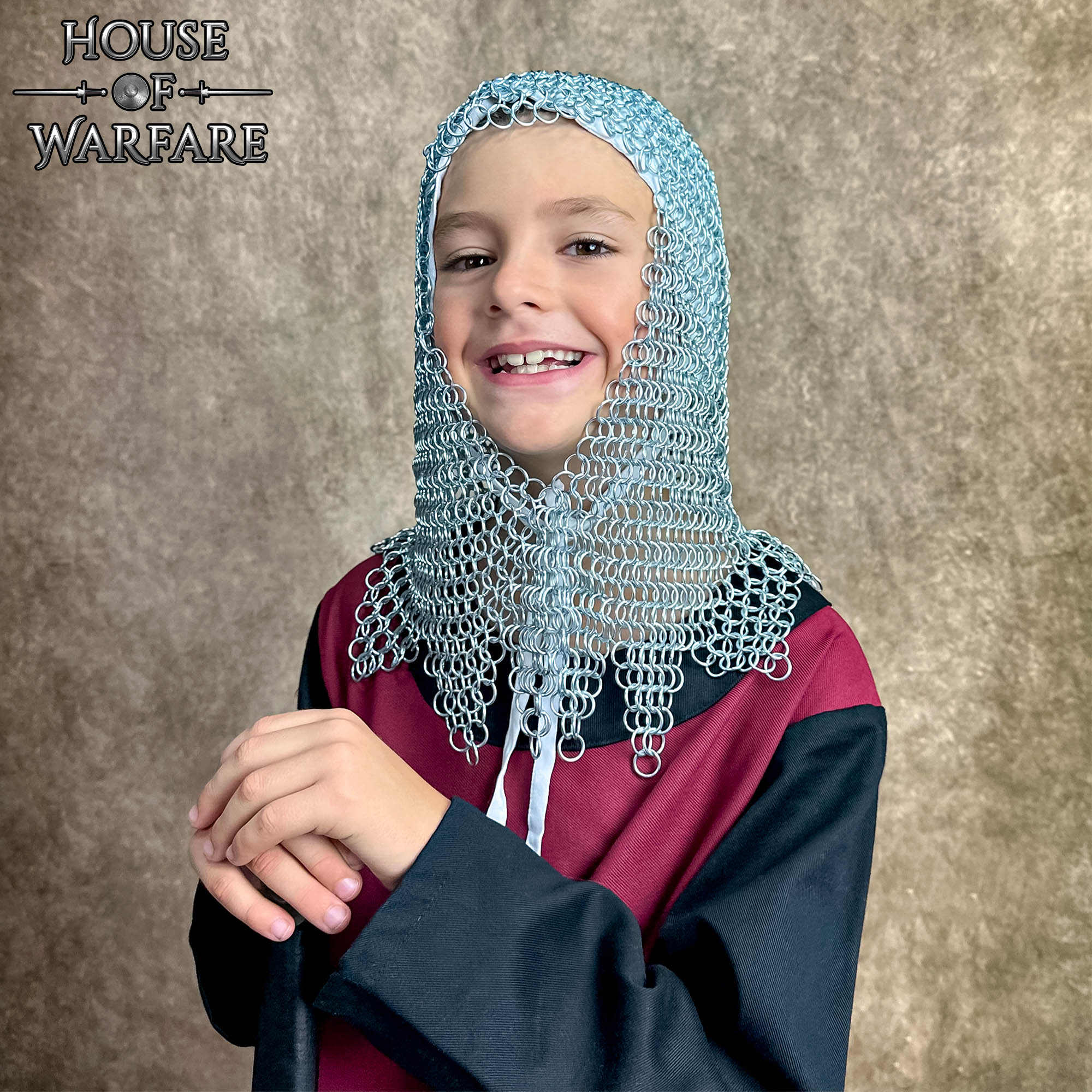 Kids Chainmail Coif V Face Butted Mail with Dagged Edges, 10mm 16 Gauge ZP Rings-700601-S Chainmail Coif