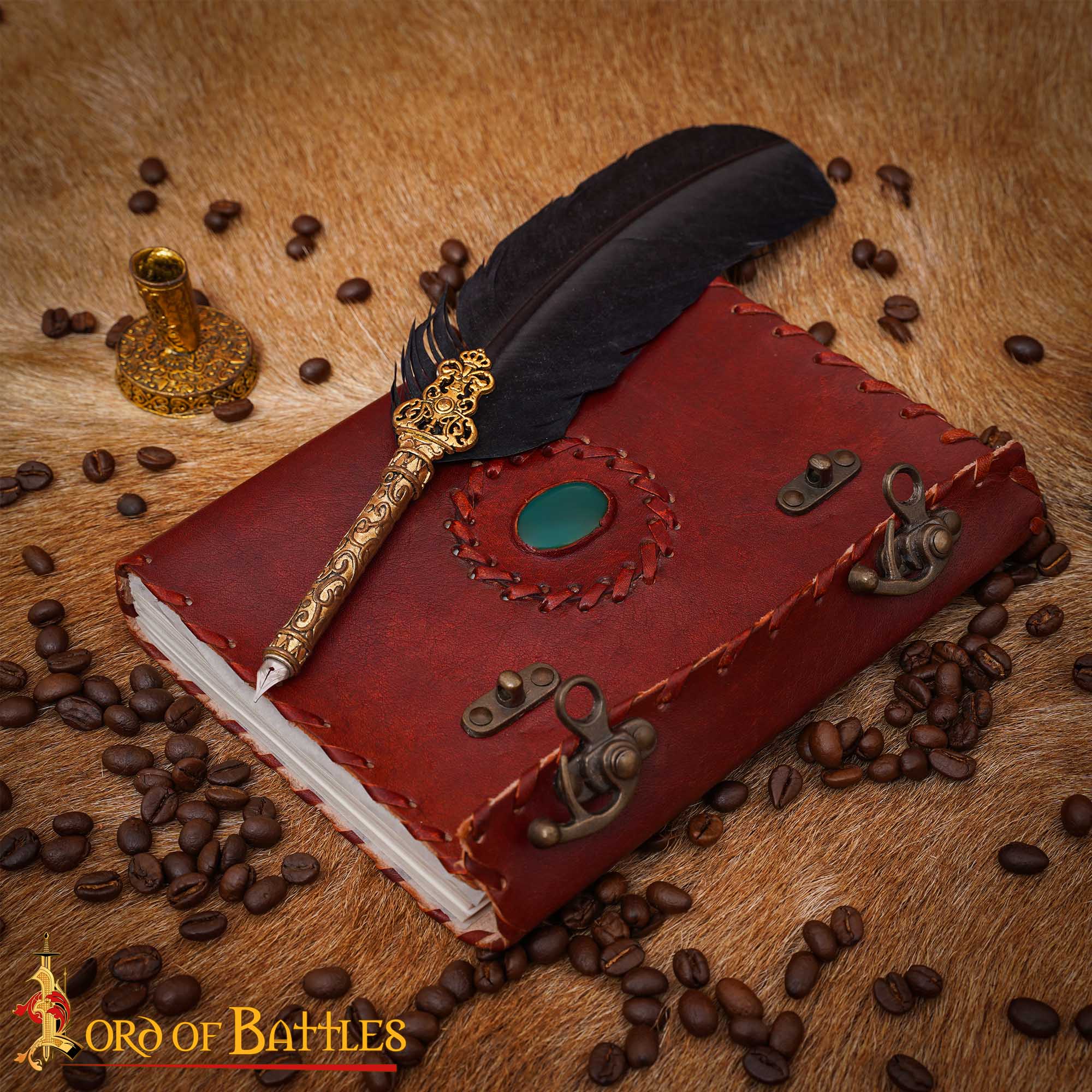 Genuine Leather Journal with Stone & Brass Lock – Handmade Vintage Notebook, Medieval Diary for Writing, Sketching & Gifting genuine leather journal