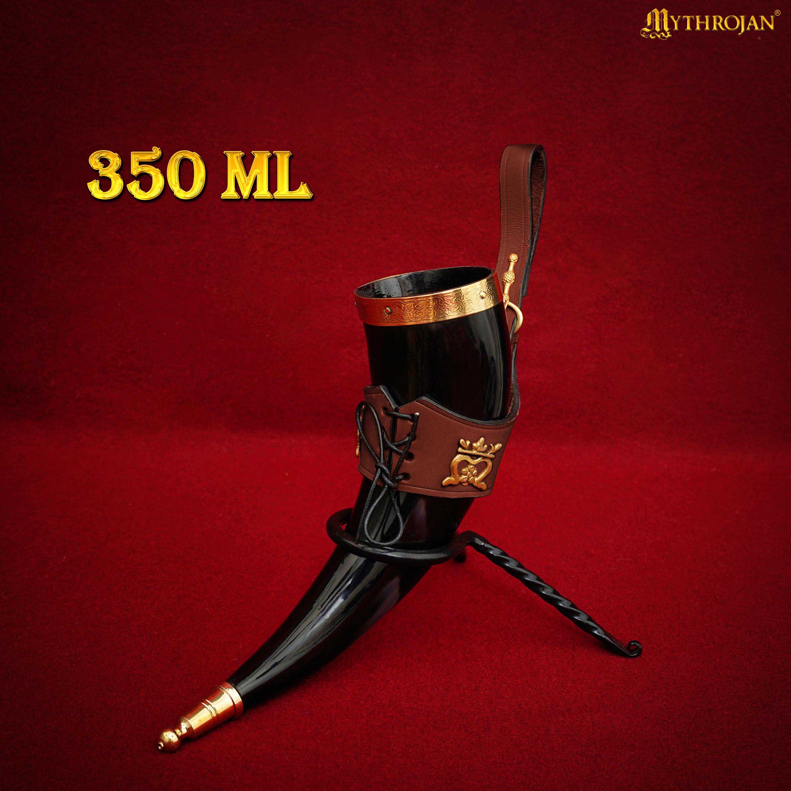 Mythrojan THE ELEGANT LADY Viking Drinking Horn with Brown Leather holder 350ml