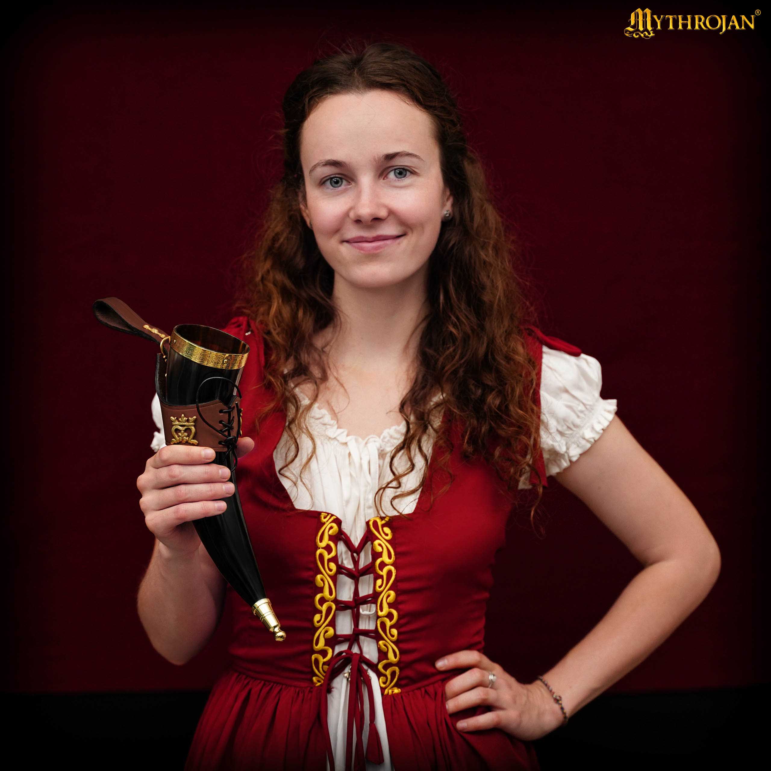 Mythrojan THE ELEGANT LADY Viking Drinking Horn with Brown Leather holder 350ml