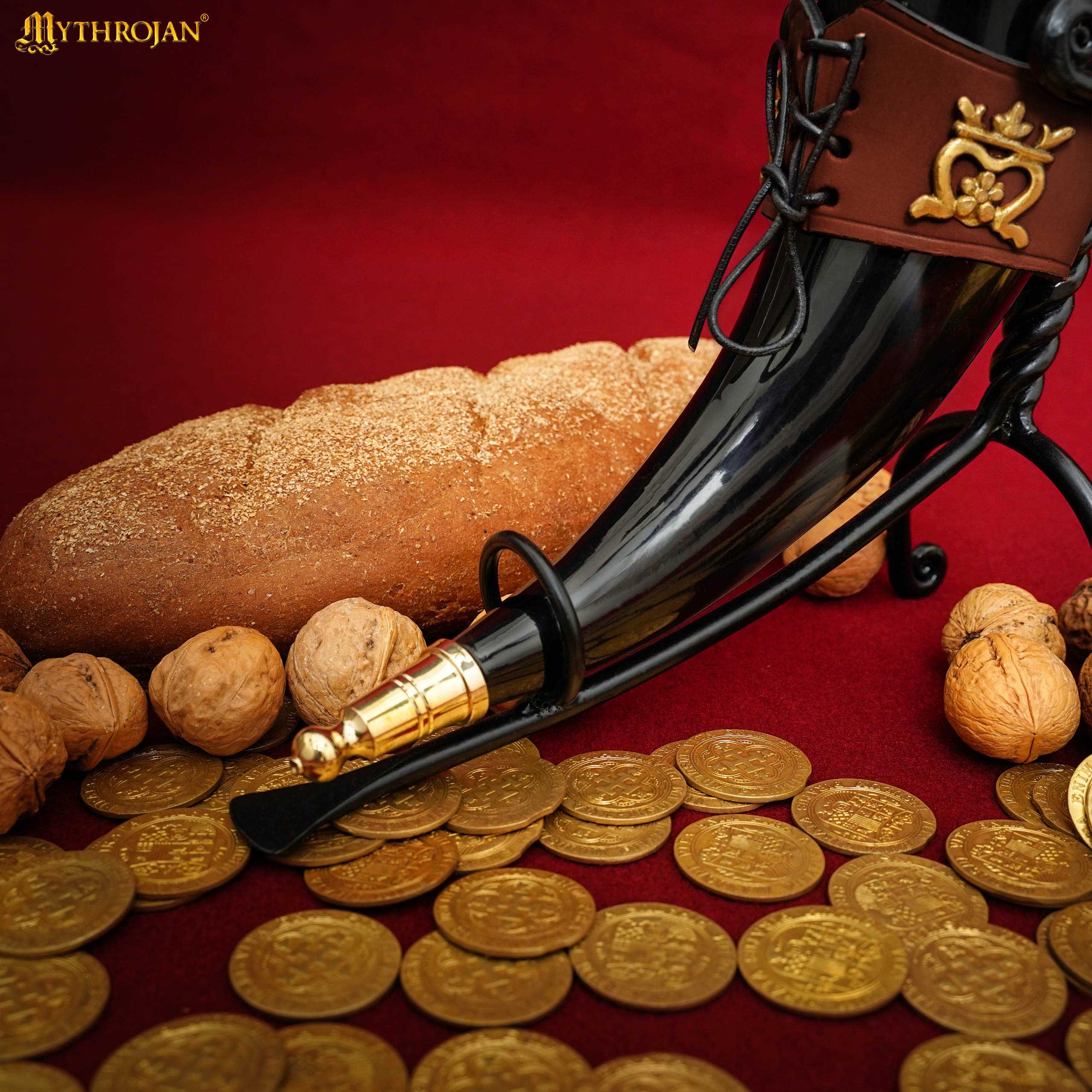 Mythrojan THE ELEGANT LADY Viking Drinking Horn with Brown Leather holder 350ml