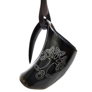 Mythrojan Viking Drinking Horn Tankard Tree of Life with Leather Strap 600ML