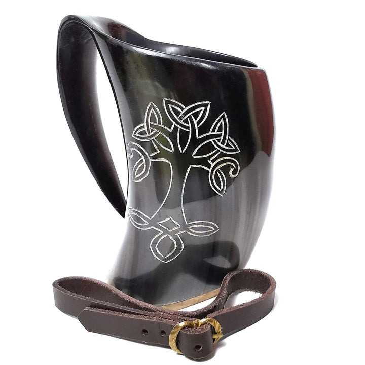Mythrojan Viking Drinking Horn Tankard Tree of Life with Leather Strap 600ML Mythrojan Viking Drinking Horn Tankard Tree of Life with Leather Strap 600ML