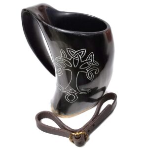 Mythrojan Viking Drinking Horn Tankard Tree of Life with Leather Strap 600ML