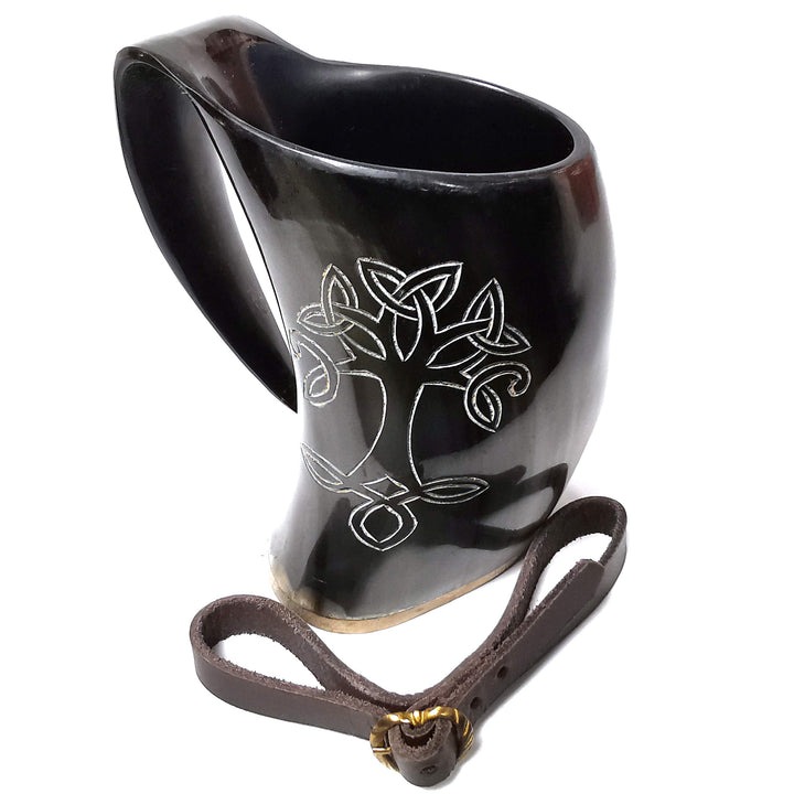 Mythrojan Viking Drinking Horn Tankard Tree of Life with Leather Strap 600ML Mythrojan Viking Drinking Horn Tankard Tree of Life with Leather Strap 600ML