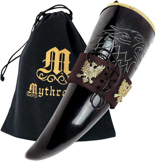 Mythrojan THE KING OF THE NORTH Drinking Horn with Brown Leather holder 300ml