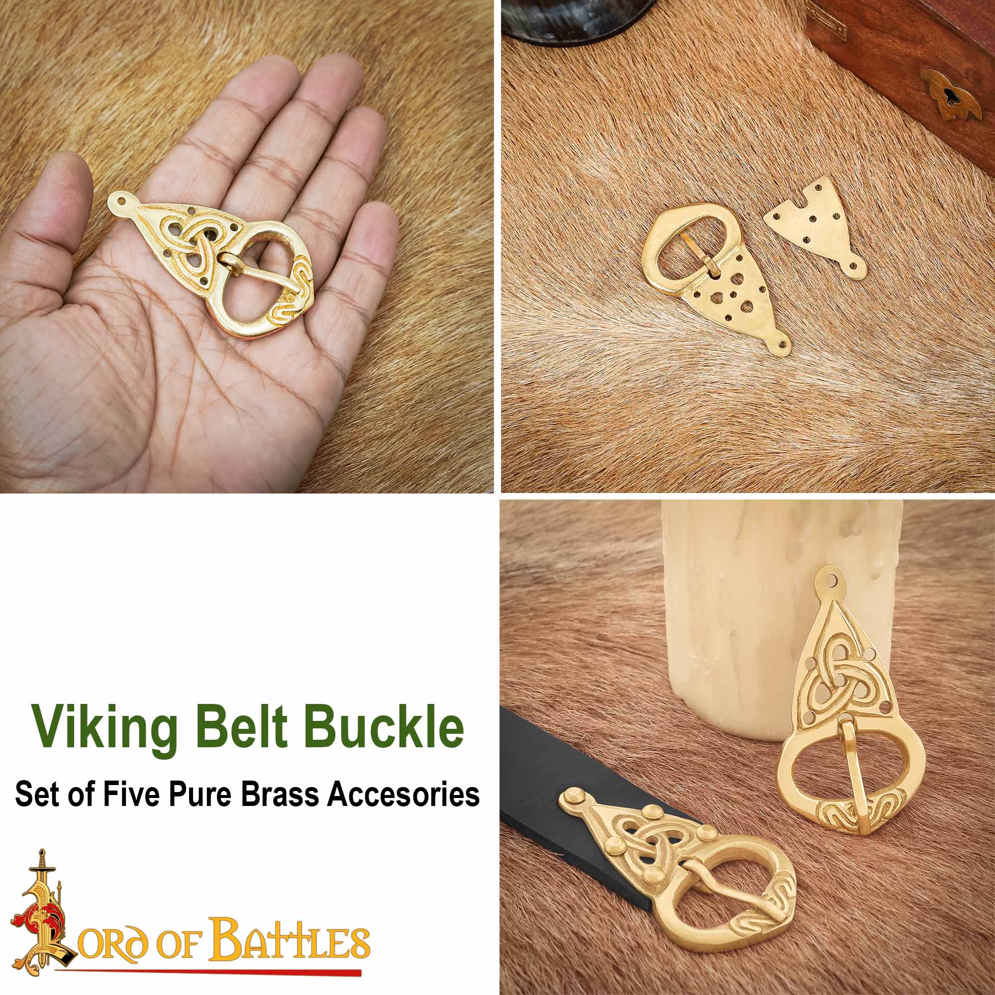 Viking Belt Buckle with Backplate Celtic Knotwork Pure Brass