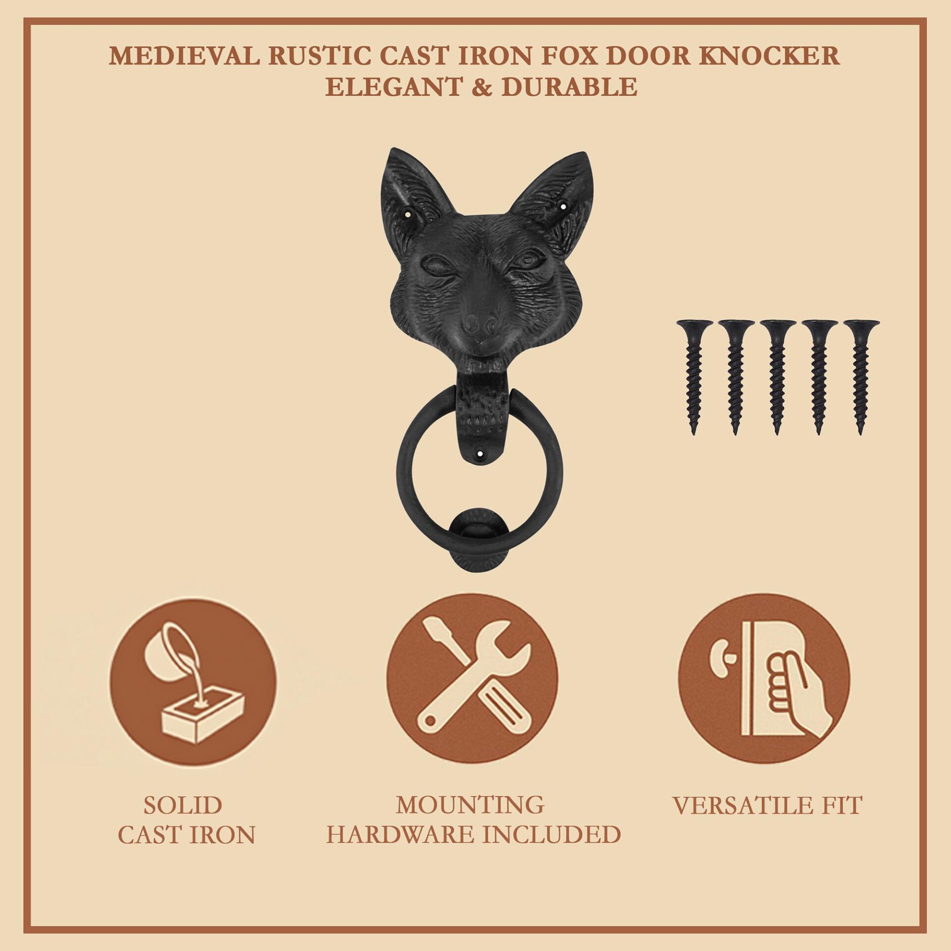 Fox Faced Door Knocker Solid FORGED Iron- 500172 7 Fox Faced Door Knocker : Solid FORGED Iron Victorian, Colonial, Retro, steampunck, Gothic, Baroque Medieval