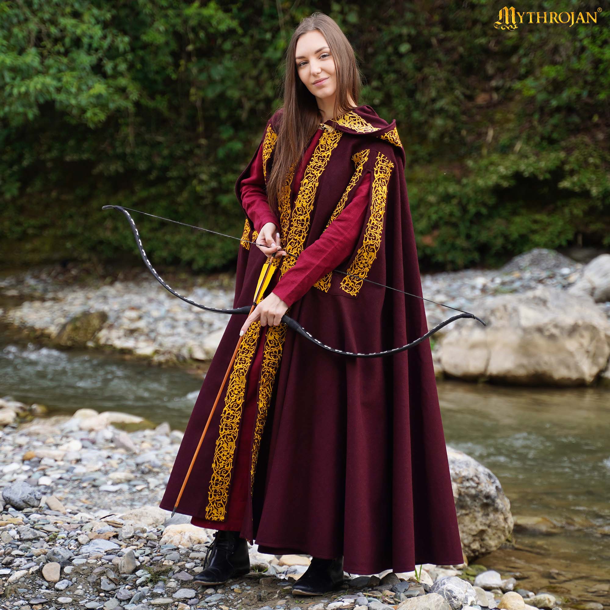 HOODED CLOAK WITH EMBRIODERY WITH BRASS CLOSURE-301137MEM 4 Medieval Wool Cloak