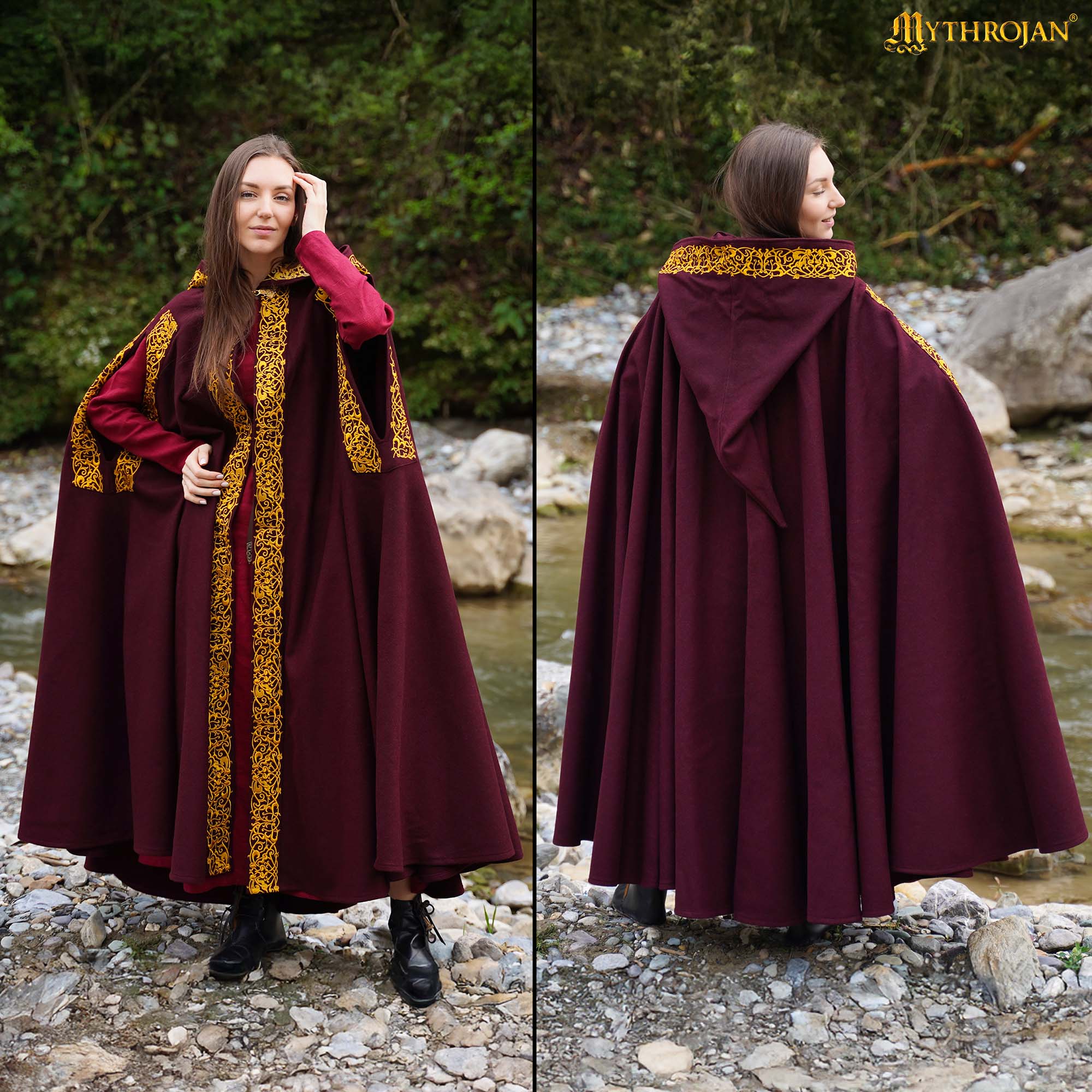 HOODED CLOAK WITH EMBRIODERY WITH BRASS CLOSURE-301137MEM 6 Medieval Wool Cloak