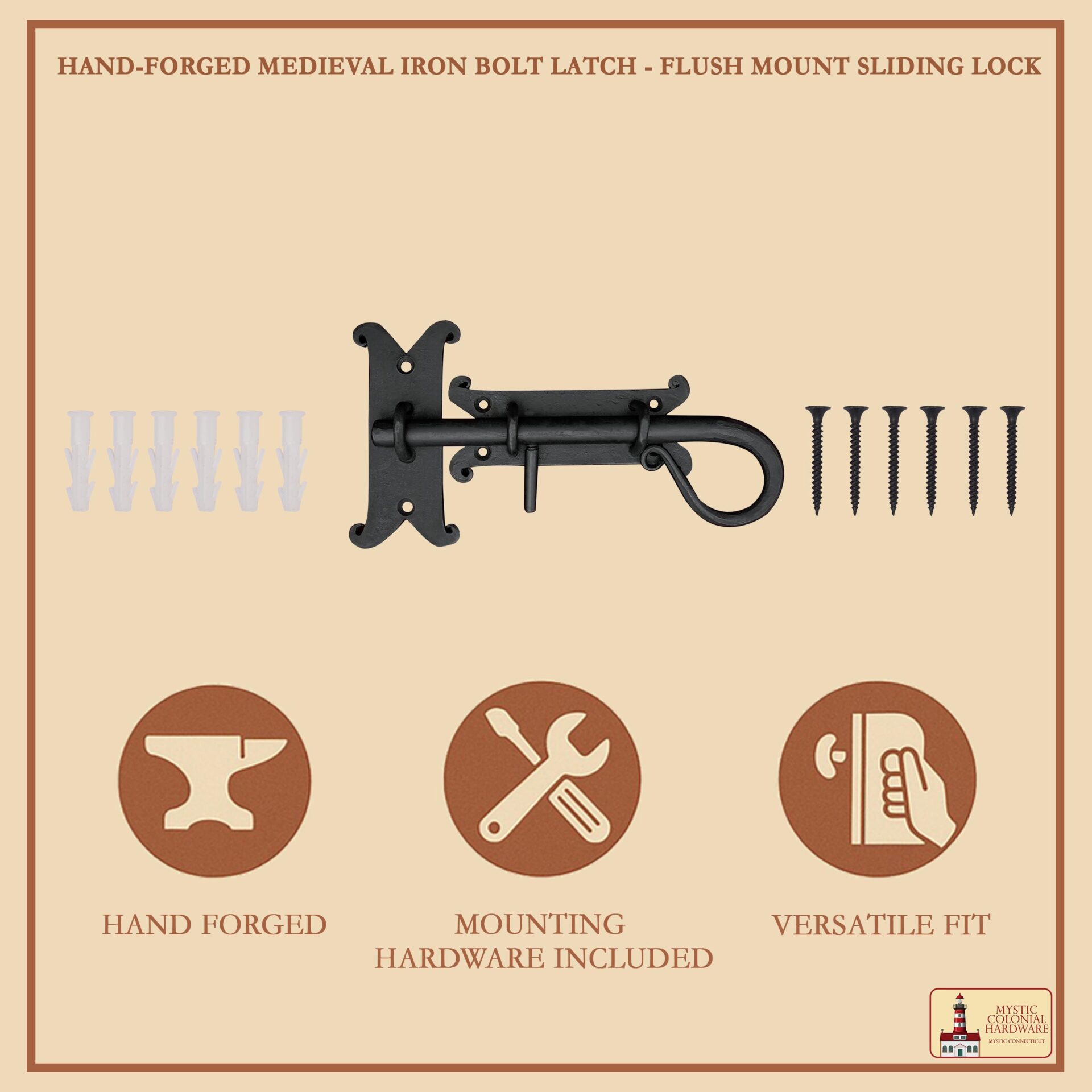 Rustic Door Bolt with Sliding Pin Vintage Wrought Iron Latch - 500199-8 7 Bolt