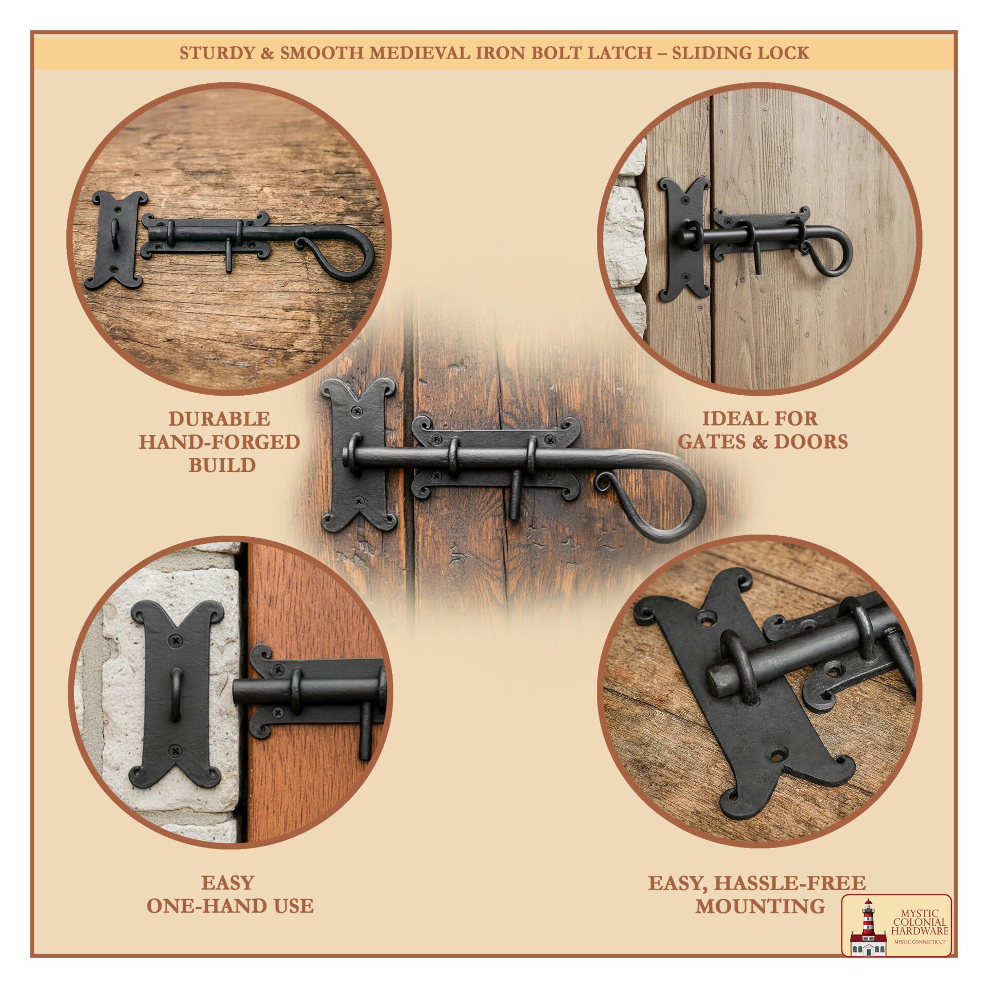 Rustic Door Bolt with Sliding Pin Vintage Wrought Iron Latch - 500199-8 8 Bolt