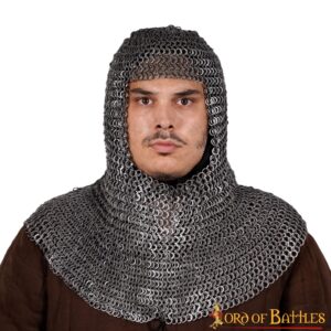Chainmail Coif – 6mm Riveted Flat Ring with Alternating Flat Solid Rings – 18 Gauge,Mild Steel, Natural – Ideal for LARP, Cosplay & Film Costumes