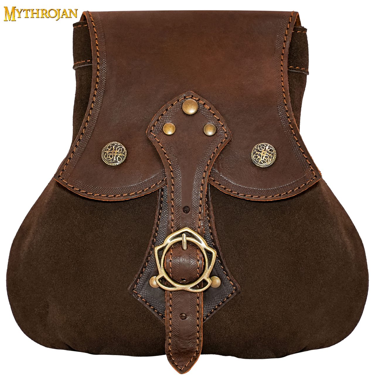 1-301055BR_1-2 MYTHROJAN “STALWART WARRIOR” LEATHER POUCH for LARP, Medieval SCA cosplay Brown, 8”×8”