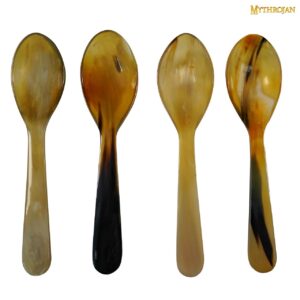 Mythrojan 4pcs Buffalo Horn Spoons Polished Finish Handcrafted from Genuine Ox Horn Fully Functional Horn Accessory for Reenactments