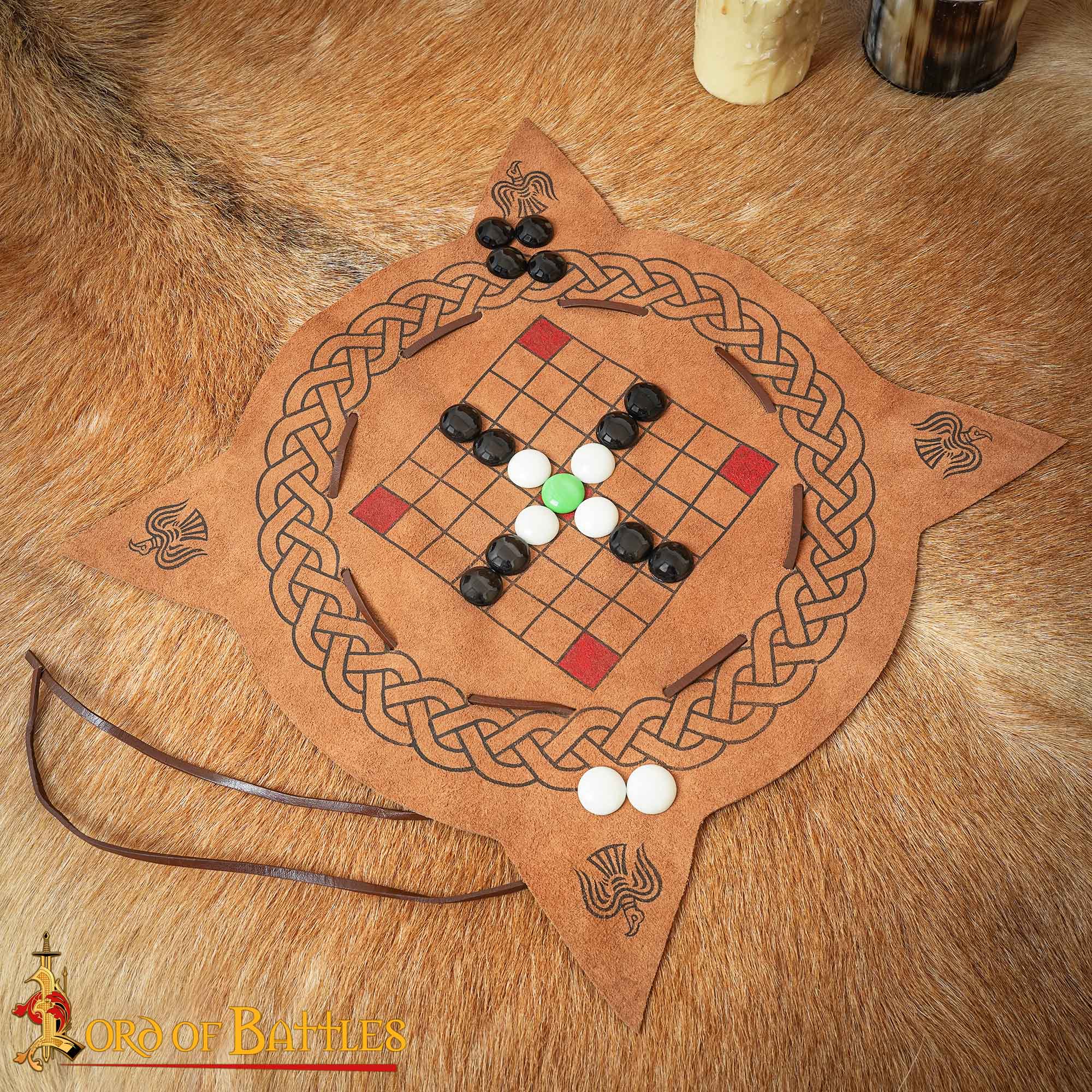 Viking Hnefatafl Leather Board Game, Portable Norse Strategy Game with Glass Pebbles Hnefatafl Game