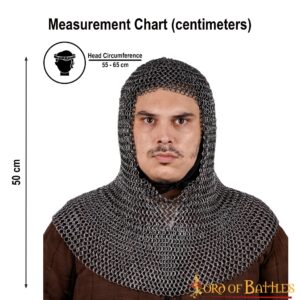 Chainmail Coif – 6mm Riveted Flat Ring with Alternating Flat Solid Rings – 18 Gauge,Mild Steel, Natural – Ideal for LARP, Cosplay & Film Costumes