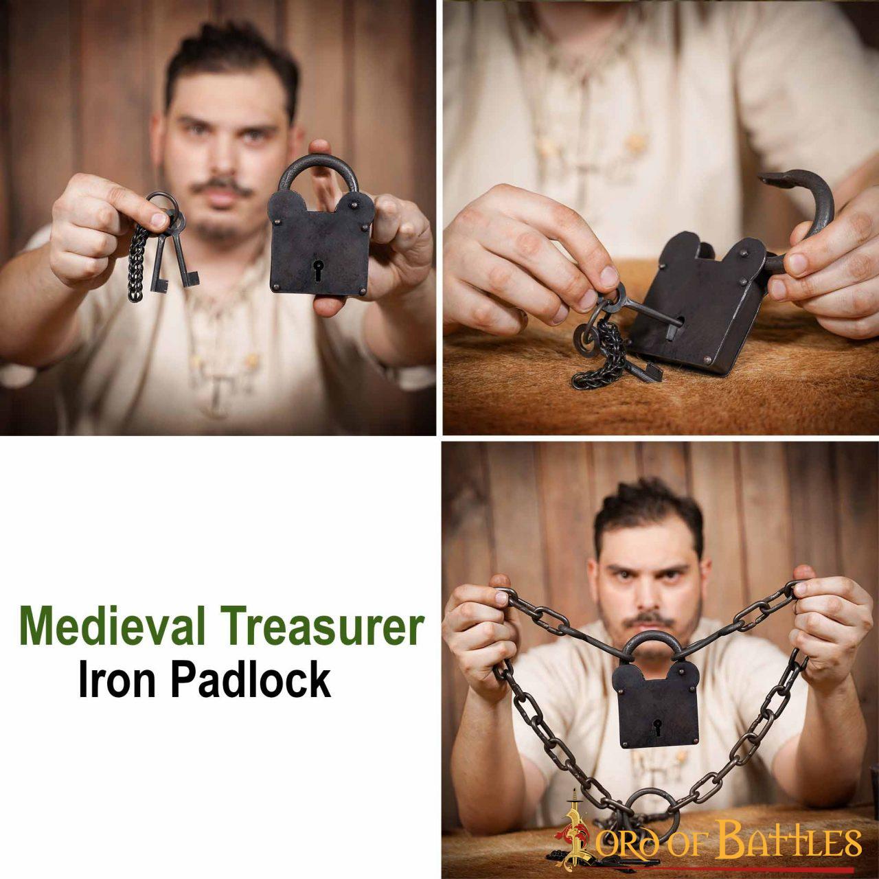 1355BK-pattern2 Treasurer Iron Padlock with Chainmail Keychain and Paired Keys