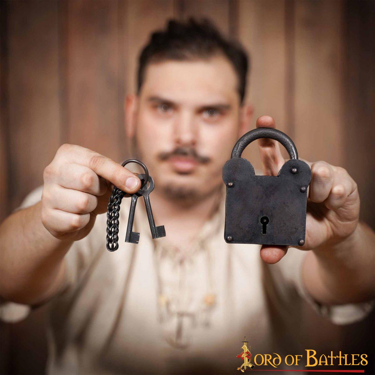 1355BK_5 Treasurer Iron Padlock with Chainmail Keychain and Paired Keys