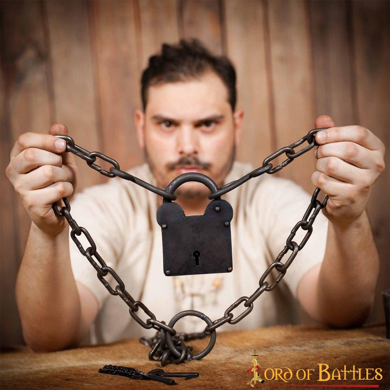 1355BK_6 Treasurer Iron Padlock with Chainmail Keychain and Paired Keys