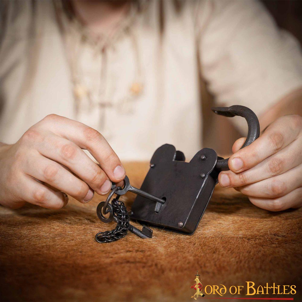 1355BK_7 Treasurer Iron Padlock with Chainmail Keychain and Paired Keys