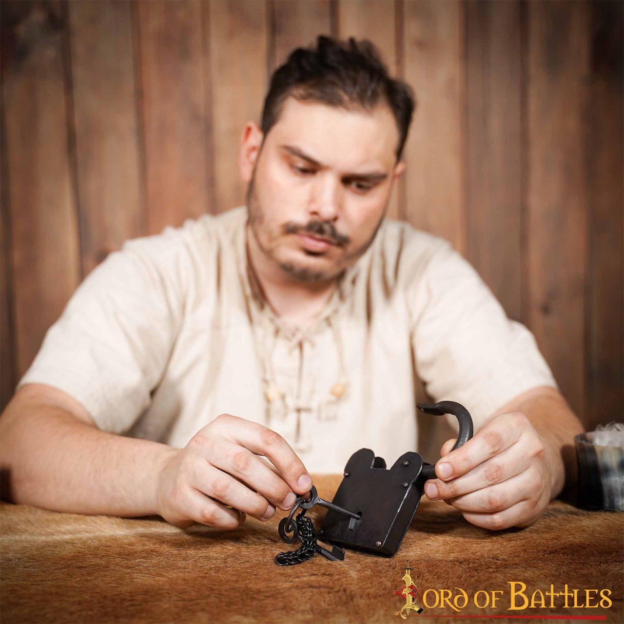 1355BK_8 Treasurer Iron Padlock with Chainmail Keychain and Paired Keys