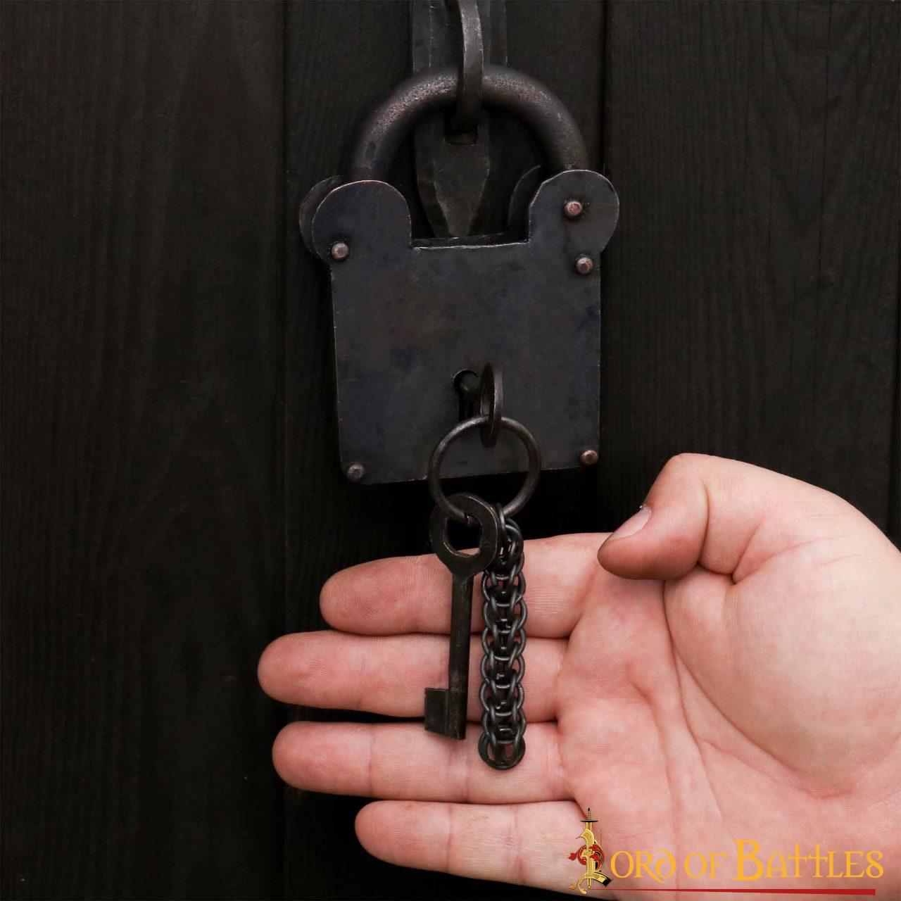1355BK_9 Treasurer Iron Padlock with Chainmail Keychain and Paired Keys