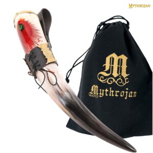 Mythrojan THE DARK WITCH – 350 ML Viking Drinking Horn with Black Leather holder Authentic Medieval Inspired Viking Wine/Mead Mug – Polished Finish
