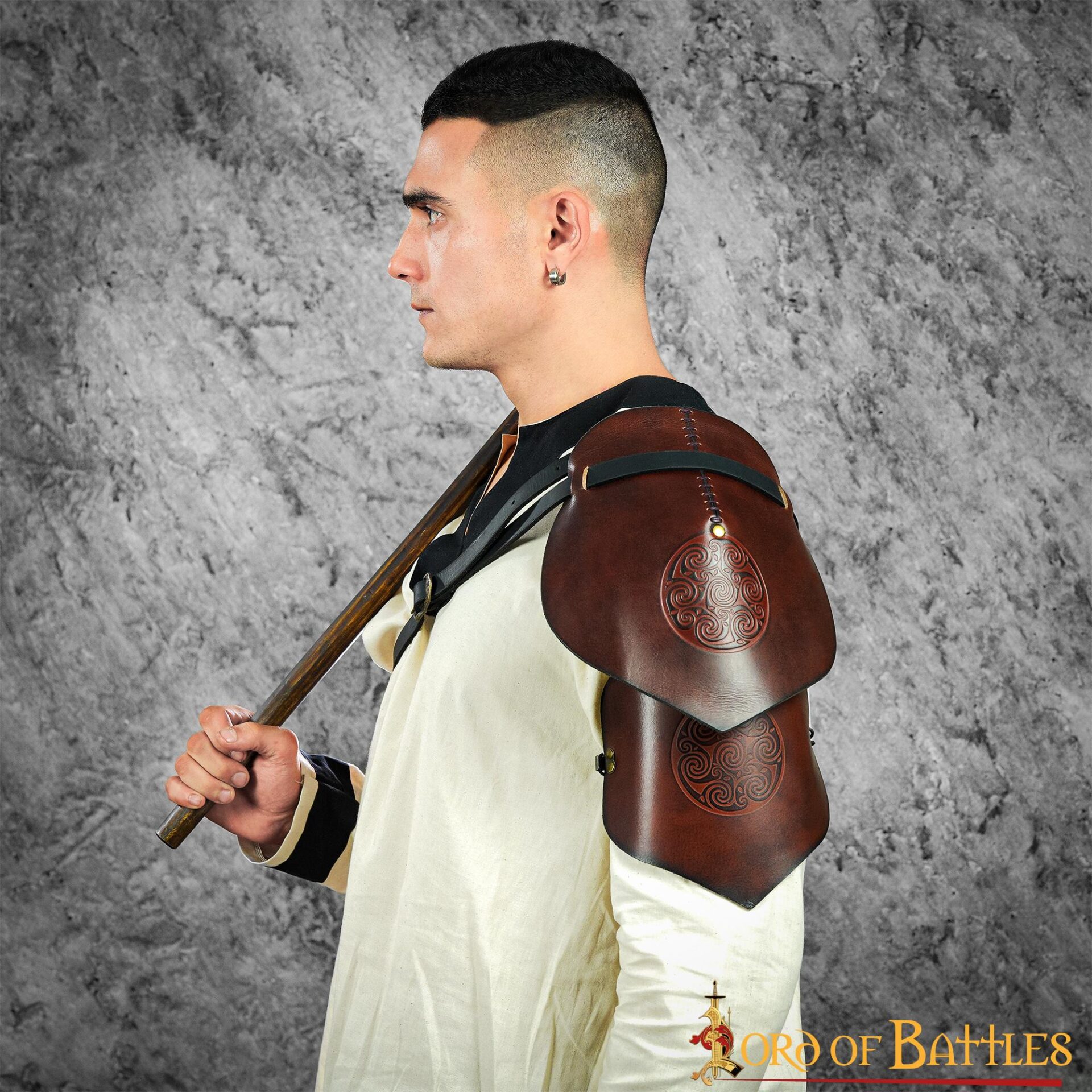 26077BR_8 Leather Pauldron with Embossed Celtic Spiral Design