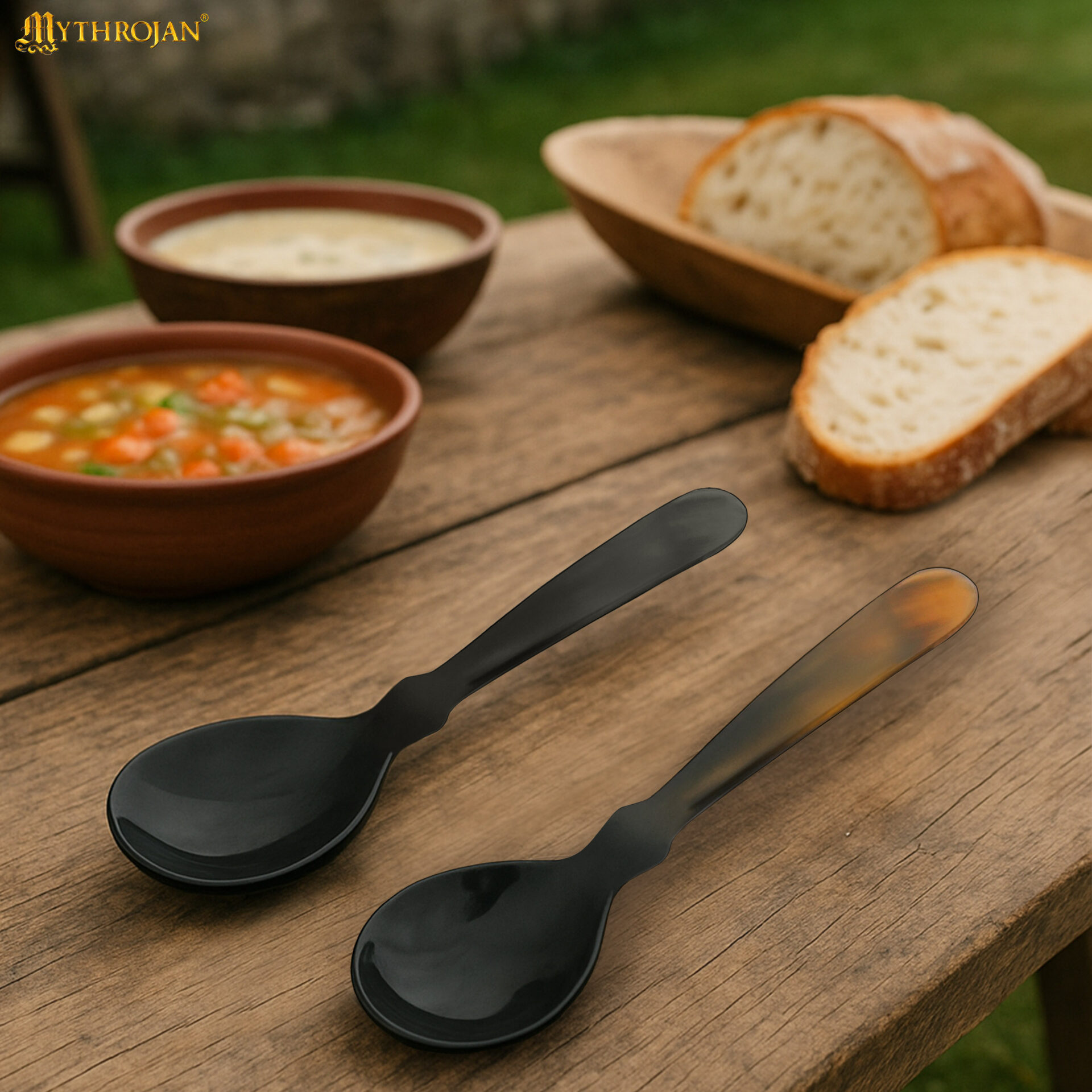 Set of 2 Ox Horn Spoons – 7″ Handcrafted Natural Horn Utensils for Viking & Medieval Dining Mythrojan Product