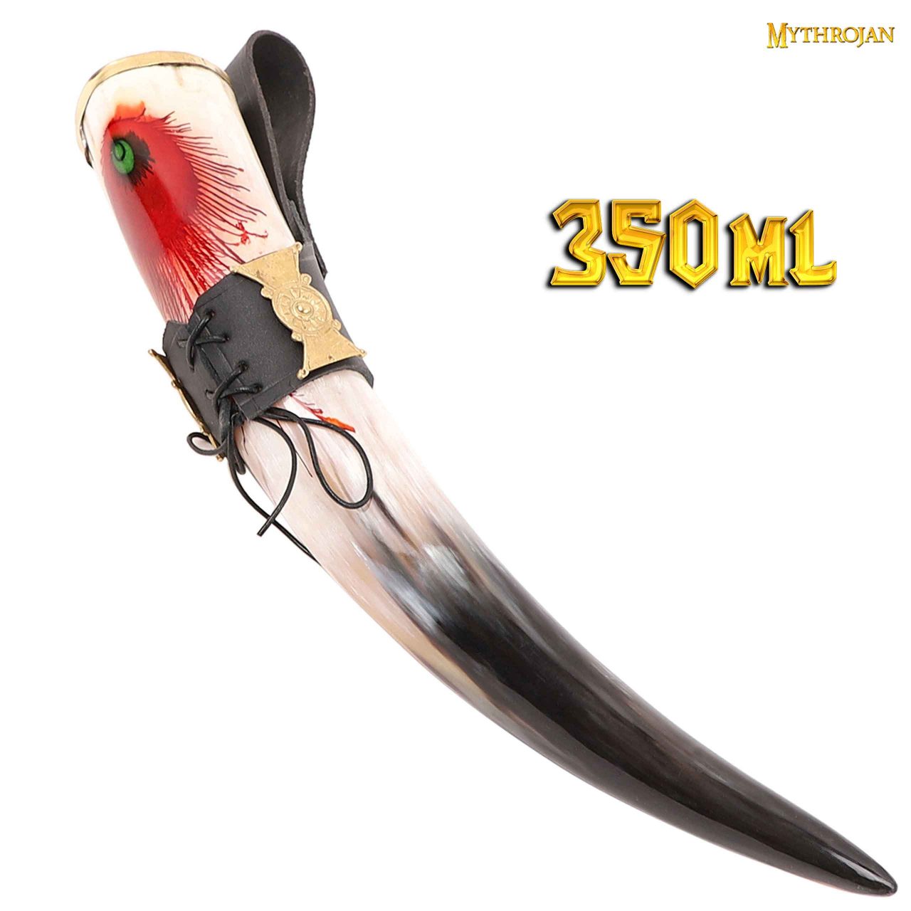 Mythrojan THE DARK WITCH – 350 ML Viking Drinking Horn with Black Leather holder Authentic Medieval Inspired Viking Wine/Mead Mug – Polished Finish