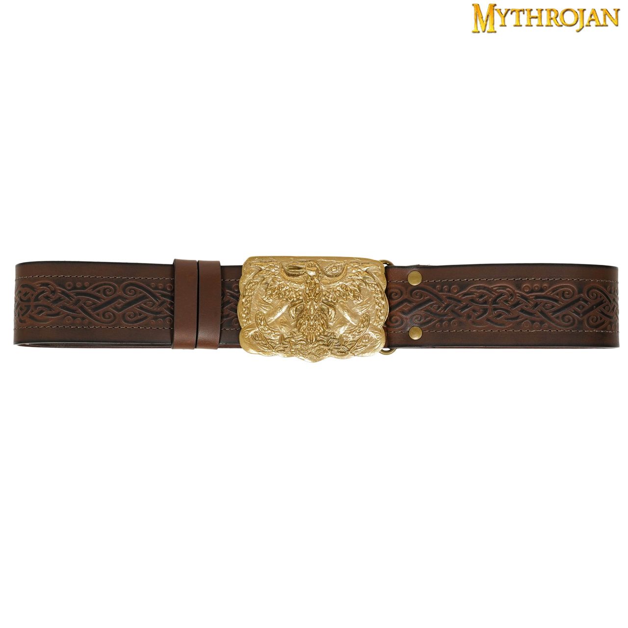 301045BRE_1 Mythrojan URBAN VIKING BELT WITH ODIN RAVEN SOLID BRASS BUCKLE & Embossed real leather