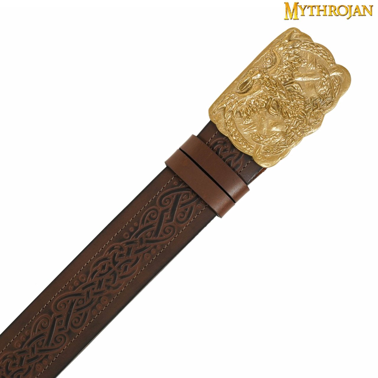 301045BRE_3 Mythrojan URBAN VIKING BELT WITH ODIN RAVEN SOLID BRASS BUCKLE & Embossed real leather