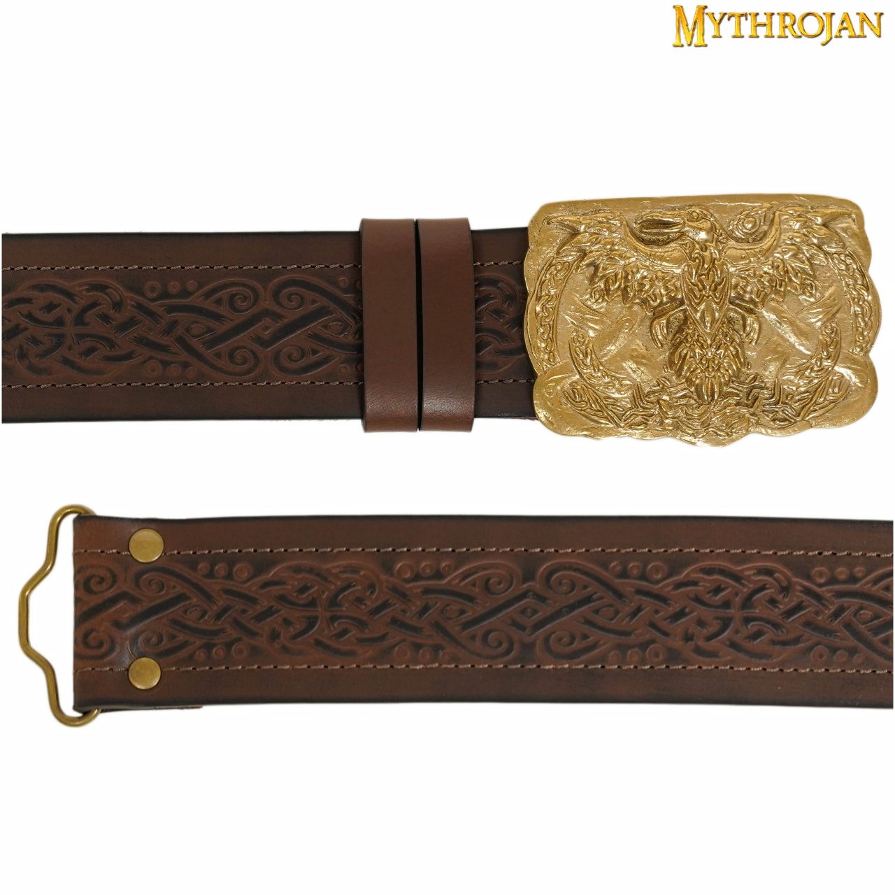 301045BRE_4 Mythrojan URBAN VIKING BELT WITH ODIN RAVEN SOLID BRASS BUCKLE & Embossed real leather
