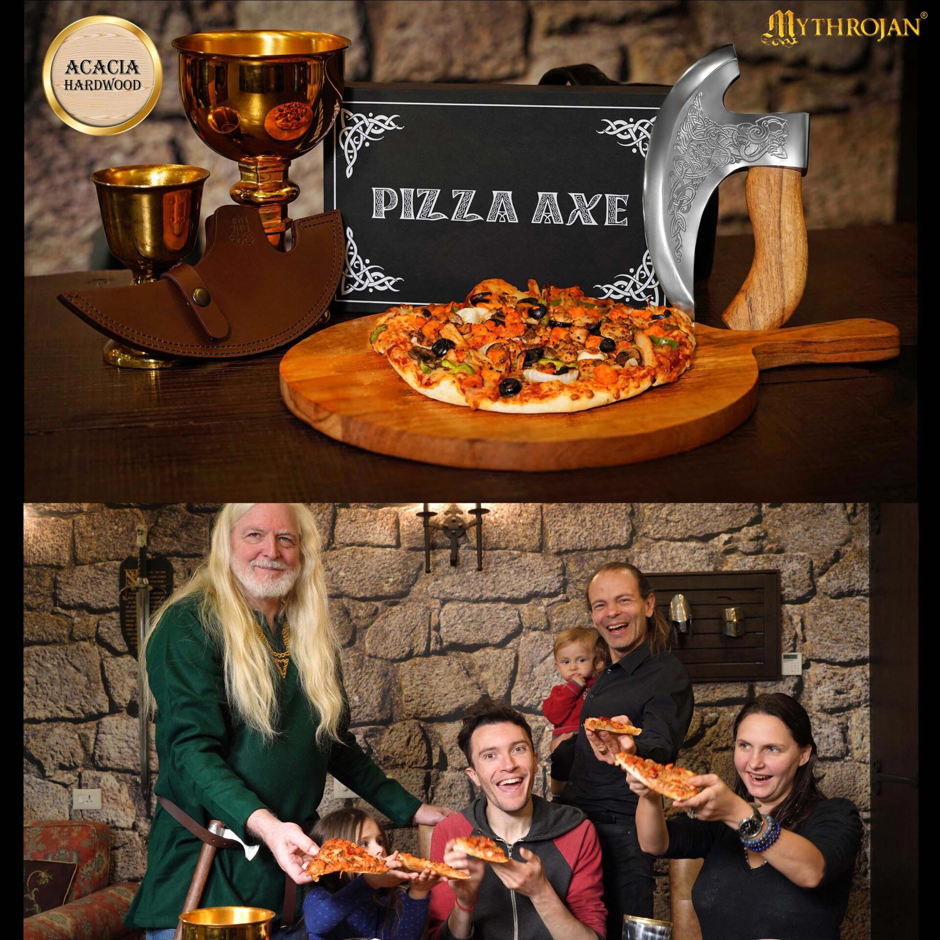 6+ The Authentic MYTHROJAN Viking Pizza Axe : Stainless Steel Medieval Pizza Cutter Axe Mezzaluna Ulu Rocking Pizza Gift Knife