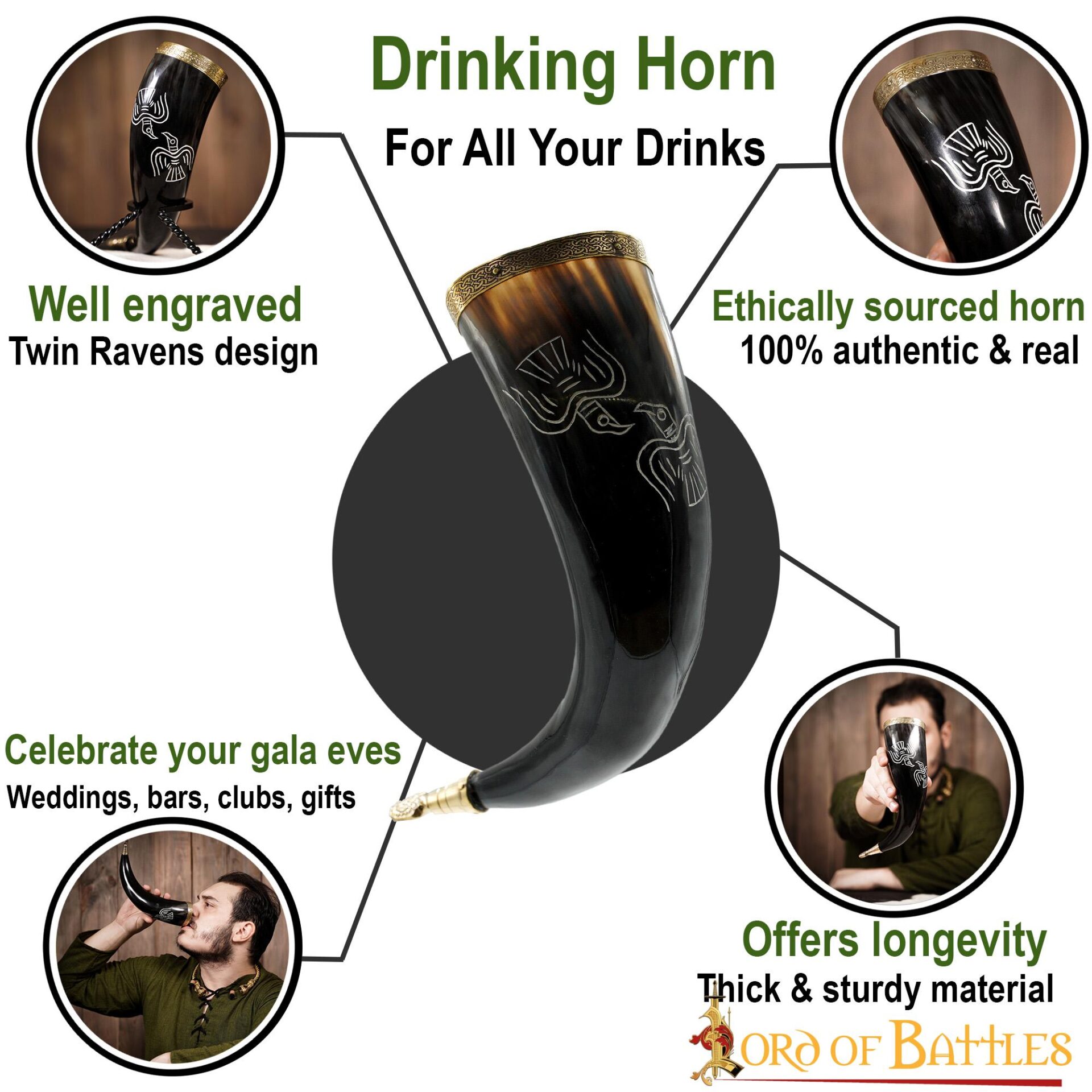 Medieval Odin’s Ravens 300-400 ML Drinking Horn with Pure Brass Fittings Genuine Ox Horn