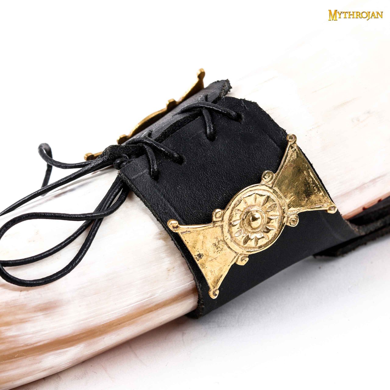 Mythrojan THE DARK WITCH – 350 ML Viking Drinking Horn with Black Leather holder Authentic Medieval Inspired Viking Wine/Mead Mug – Polished Finish