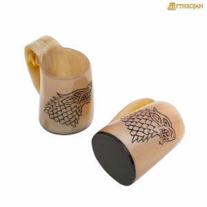 Mythrojan Fenrir Wolf Design Viking Drinking Horn Tankard Mug Set of 2 Wine Beer Mead Mugs Polished Finish, 3.2”, 150-200 ml