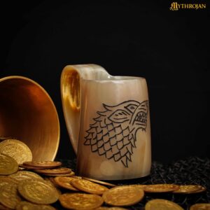 Mythrojan Fenrir Wolf Design Viking Drinking Horn Tankard Mug Set of 2 Wine Beer Mead Mugs Polished Finish, 3.2”, 150-200 ml