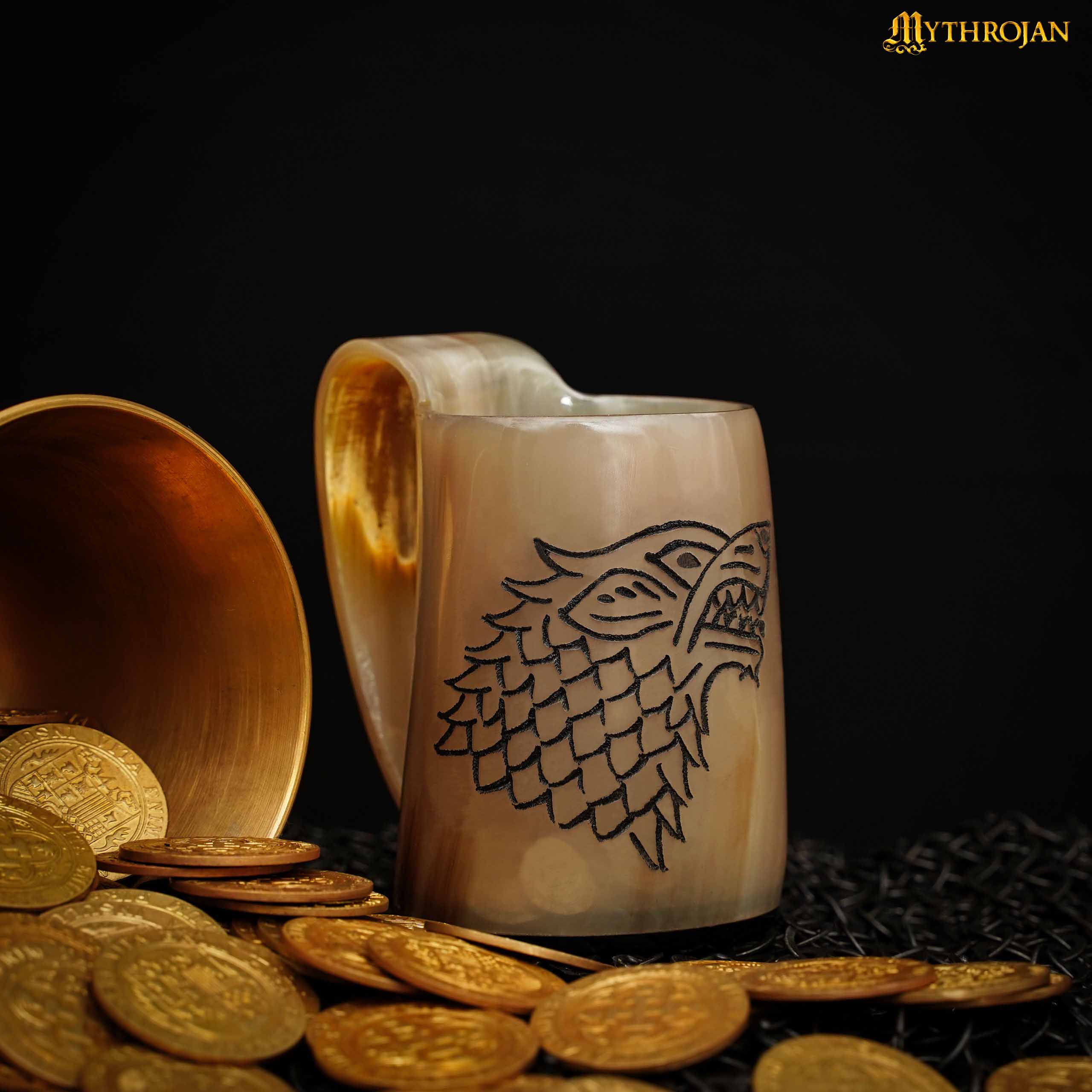 DSC00183 Mythrojan Fenrir Wolf Design Viking Drinking Horn Tankard Mug Set of 2 Wine Beer Mead Mugs Polished Finish, 3.2”, 150-200 ml