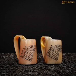Mythrojan Fenrir Wolf Design Viking Drinking Horn Tankard Mug Set of 2 Wine Beer Mead Mugs Polished Finish, 3.2”, 150-200 ml