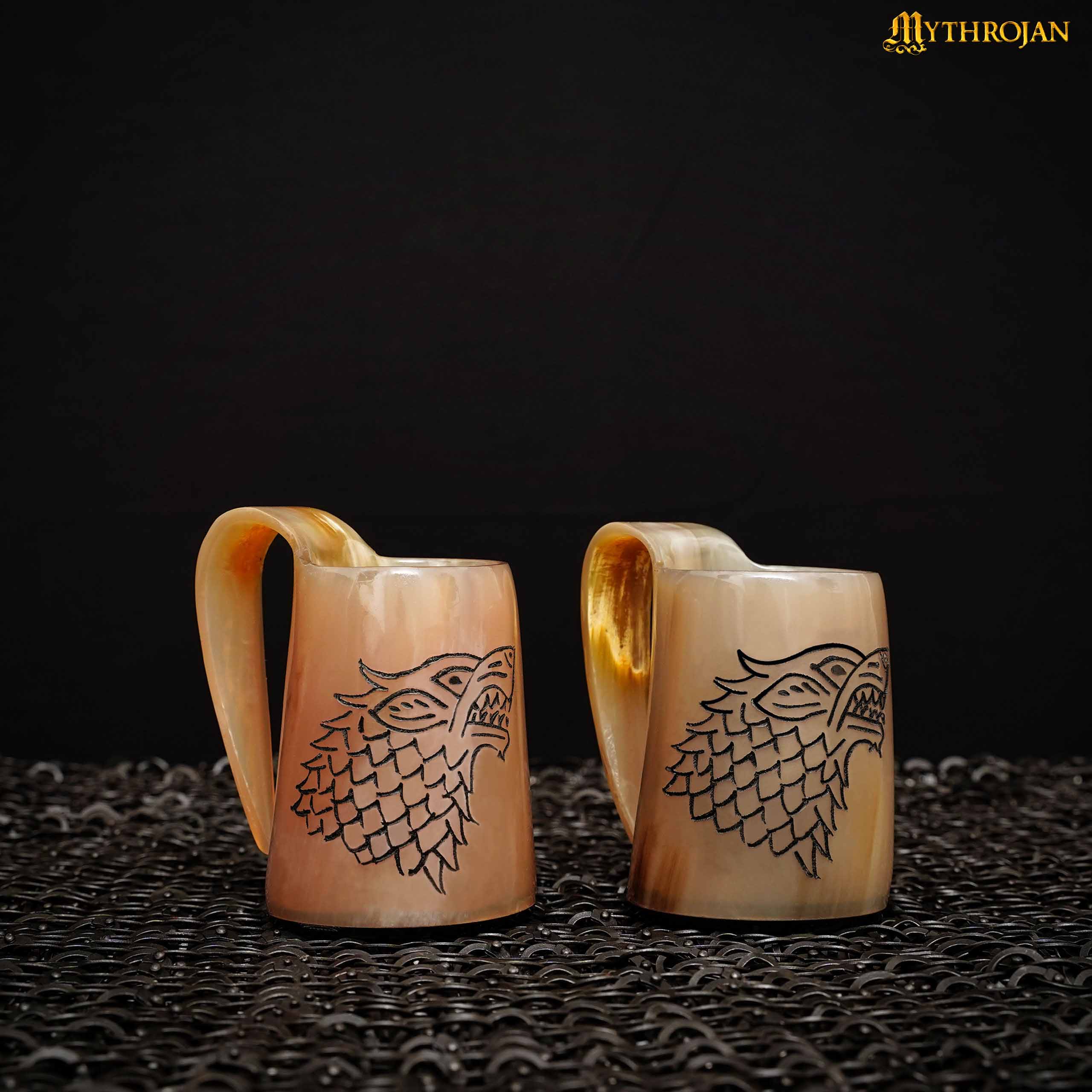 DSC00283-1 Mythrojan Fenrir Wolf Design Viking Drinking Horn Tankard Mug Set of 2 Wine Beer Mead Mugs Polished Finish, 3.2”, 150-200 ml