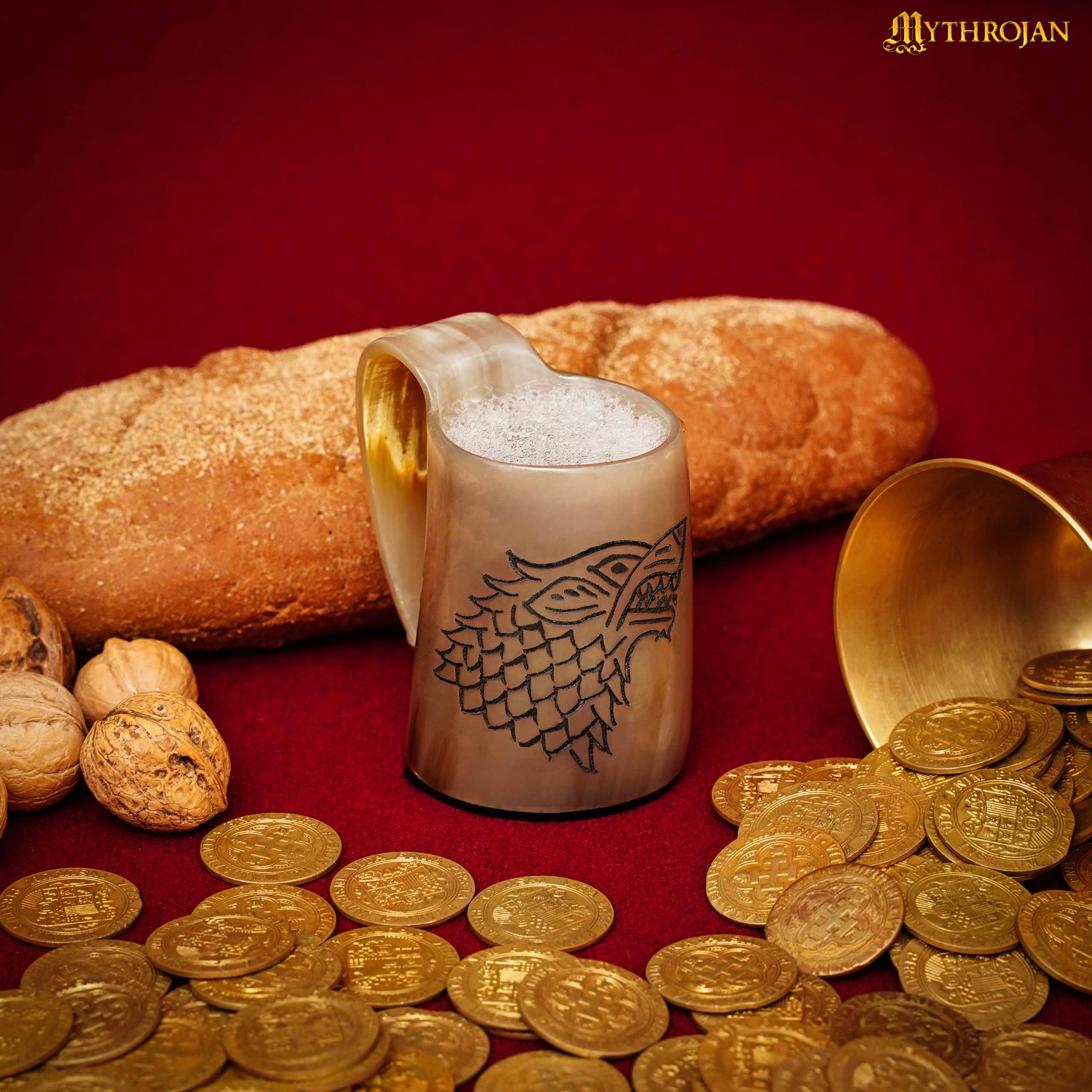 DSC00440 Mythrojan Fenrir Wolf Design Viking Drinking Horn Tankard Mug Set of 2 Wine Beer Mead Mugs Polished Finish, 3.2”, 150-200 ml