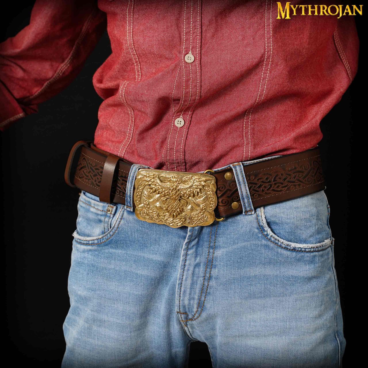 DSC00657 Mythrojan URBAN VIKING BELT WITH ODIN RAVEN SOLID BRASS BUCKLE & Embossed real leather