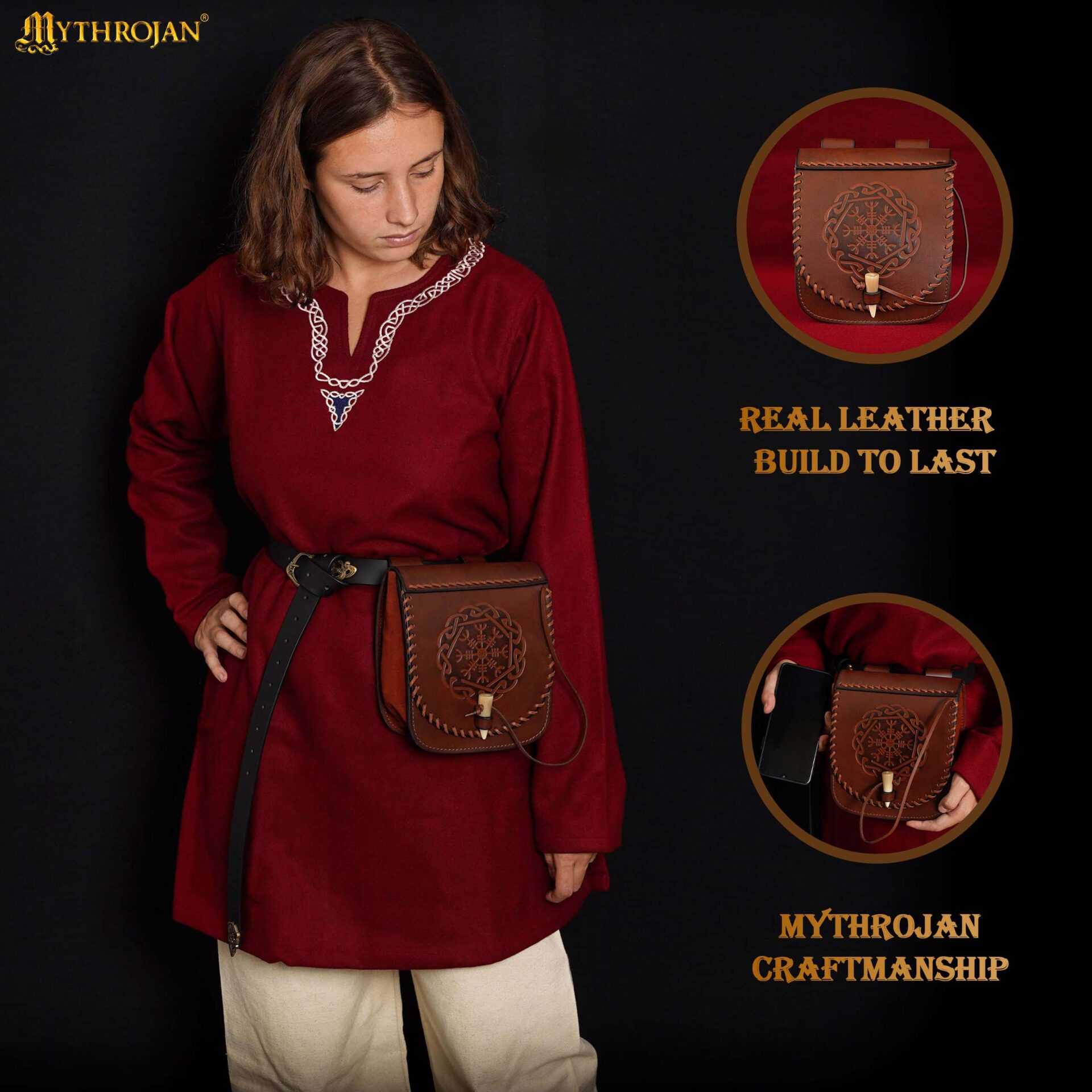 Norse Leather Belt Pouch Vegvísir Symbol with bone toggle-300798BRE 1 Leather Belt Bag