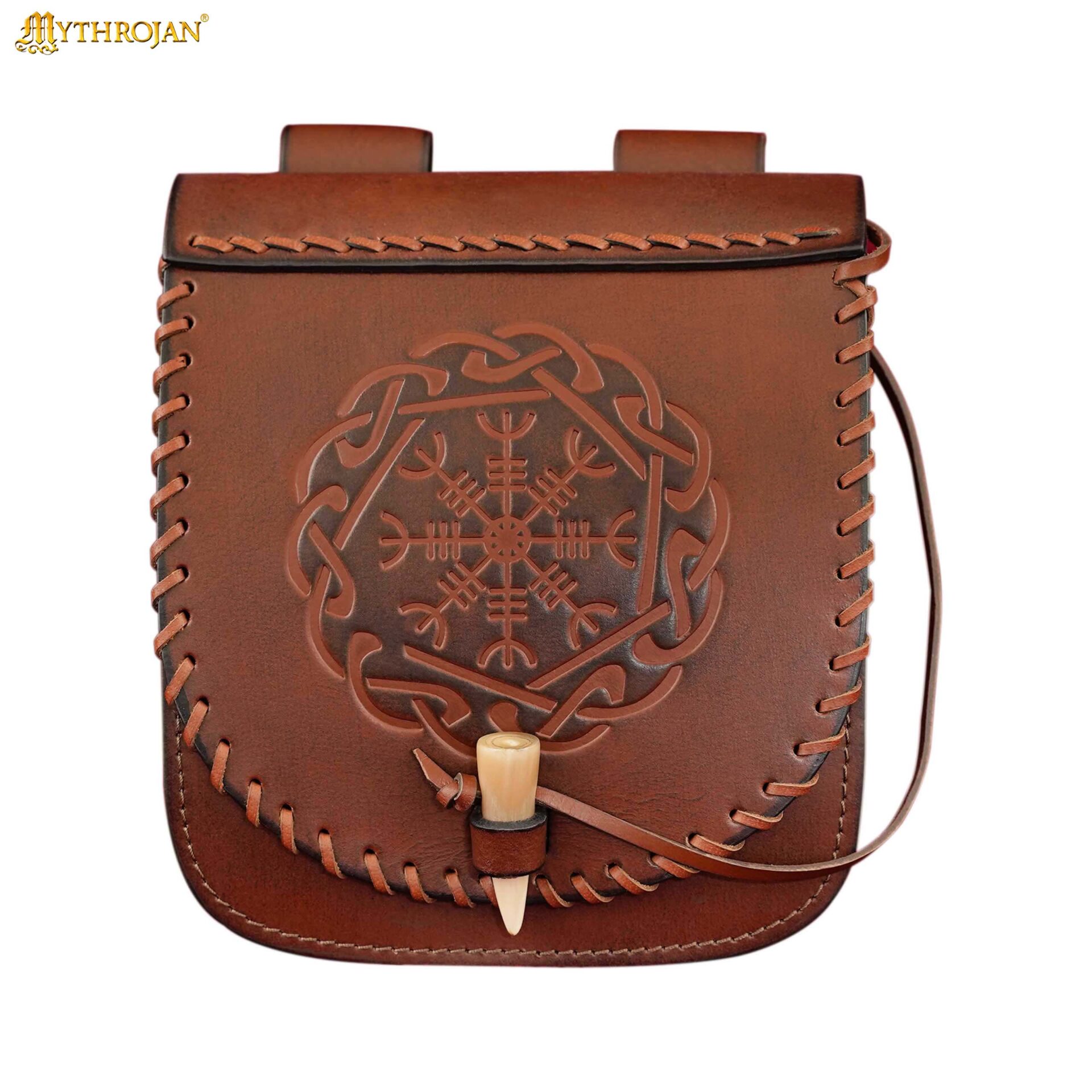 Norse Leather Belt Pouch Vegvísir Symbol with bone toggle-300798BRE 3 Leather Belt Bag
